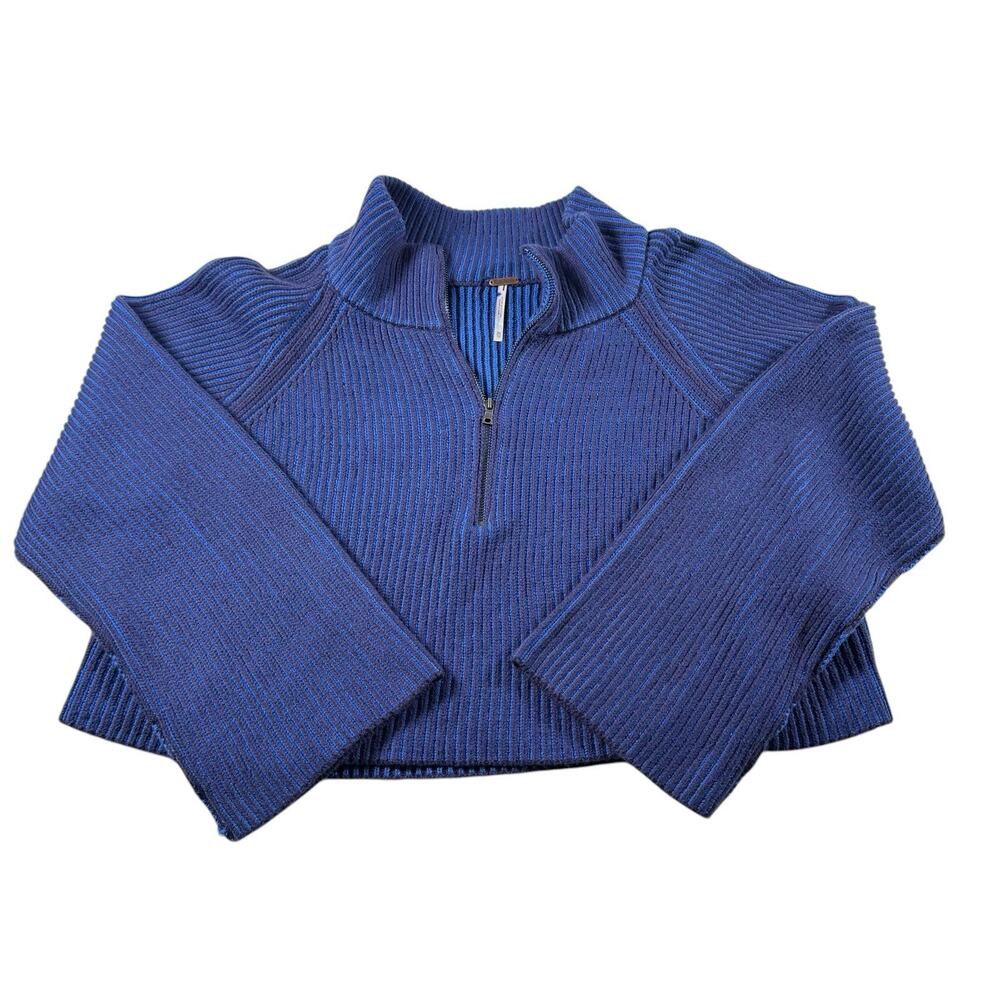 Free People Greta Half Zip Pullover Sweater XS Blue Ribbed Cropped Cozy Knit